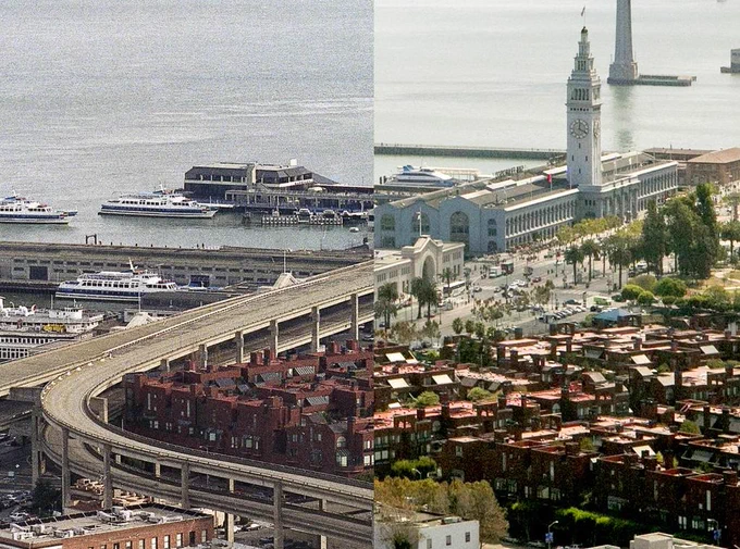 Embarcadero Freeway before and after the 1989 earthquake.
https://www.bizjournals.com/sanfrancisco/blog/2014/10/loma-prieta-quake-san-francisco-waterfront-photo.html