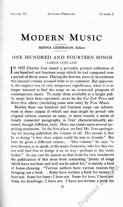 Aaron Copland on the 114 Songs, Modern Music, January-February 1934.