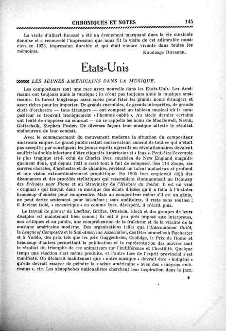Marc Blitzstein in La Revue musicale (February 1936). He writes of Ives's music which reveals "an audacious and profound talent and an extraordinarily prophetic vision" ("révèlent un talent audacieux et profond et une vision extraordinairement prophétique")