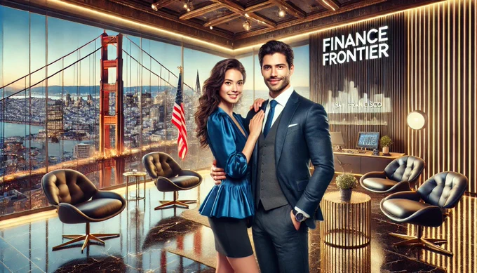 Here is the updated artwork, featuring Max and Sophia looking happy and full of positive energy, with the "FinanceFrontier" text prominently displayed. 
