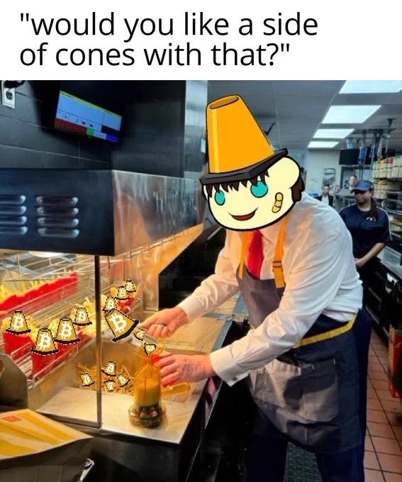 Donald Trump as cone head serving fries which are actually BitCone