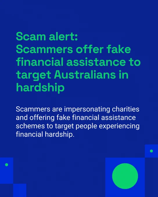 Image contains text announcing scam alert on financial hardship scams.