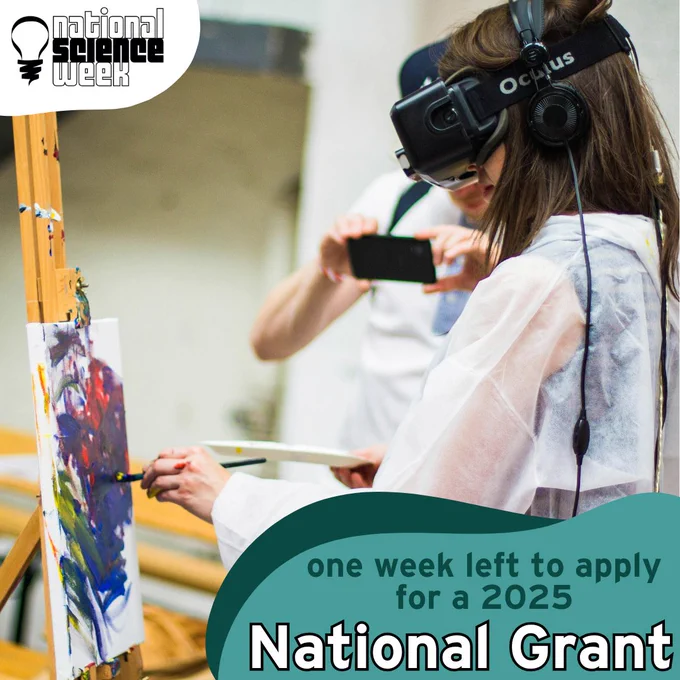 A girl wearing a VR headset paints on a canvas. Below, text reads, "One week left to apply for a 2025 National Grant"