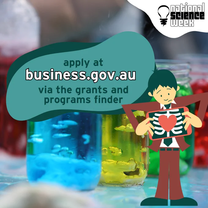 Coloured jars of water bubble on a table. Below, text reads, "apply at business.gov.au via the grants and programs finder"
