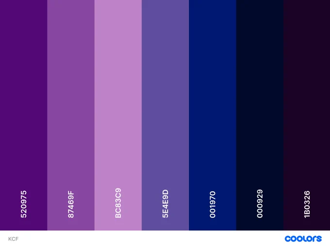 a vertically striped colour palette with 7 colours: 
Indigo #520975
Purpureus #87469F
African Violet #BC83C9
Ultra Violet #5E4E9DMidnight Blue #001970
Oxford Blue #000929
Dark Purple #1B0326
