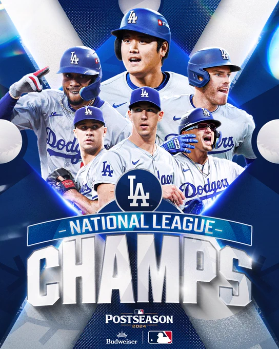 LOS ANGELES DODGERS, NATIONAL LEAGUE CHAMPS!
Clinched, presented by Budwesier
Pictured: Cutouts of Mookie Betts, Shohei Ohtani, Freddie Freeman, Jack Flaherty, Walker Buehler and Kiké Hernández wearing Dodgers uniforms.