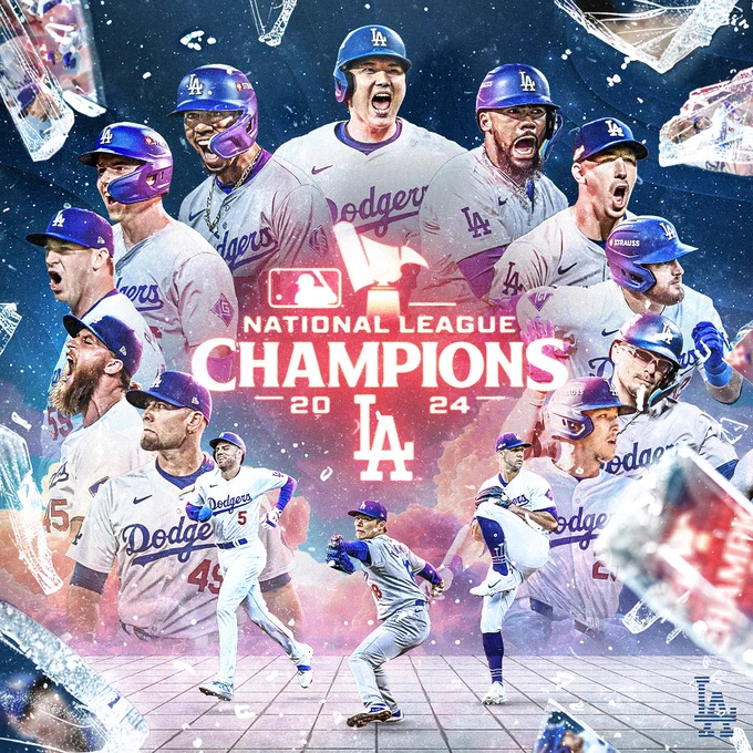 A graphic announcing the Dodgers as National League Champions with cutouts of players all around the National League Champions logo in the center.