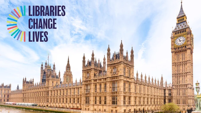 Image of the Houses of Parliament with the Libraries Change Lives logo
