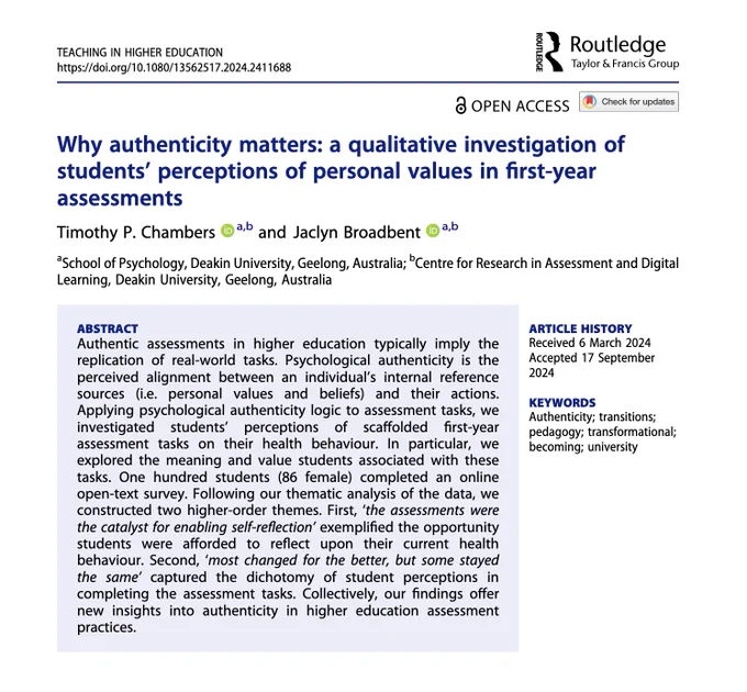 A screenshot of the first page of the article from the journal Teaching in Higher Education: Critical Perspectives titled: Why authenticity matters: a qualitative investigation of students’ perceptions of personal values in first-year assessments by Timothy P. Chambers and Jaclyn Broadbent. The screenshot includes the abstract of the article (available via the link).
