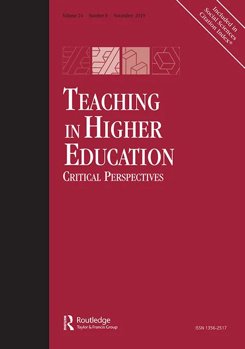 A screenshot of the cover of the journal Teaching in Higher Education: Critical Perspecitives. The cover is red with a black band on the edge.