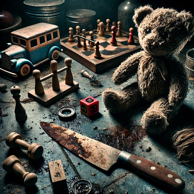 A sinister scene with a blood-stained knife hidden among childhood treasures including a teddy bear and a toy car.