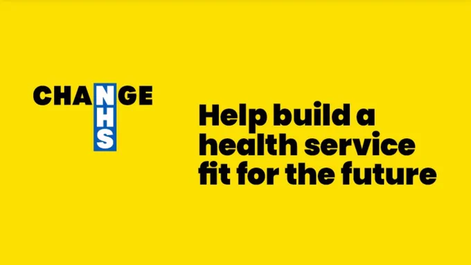 The word ‘change’ running through the NHS logo with the caption ‘help build a health service fit for the future’