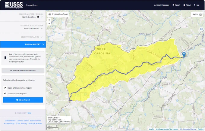 An oblong watershed where water flows from west to east.