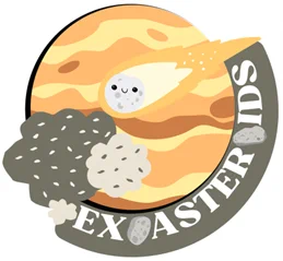 Logo for the Exoasteroids project showing a smiling asteroid cartoon zooming past a gassy planet past other rocky asteroids