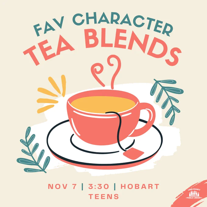 Fav Character Tea Blends. Illustration of tea cup. Info repeated in post