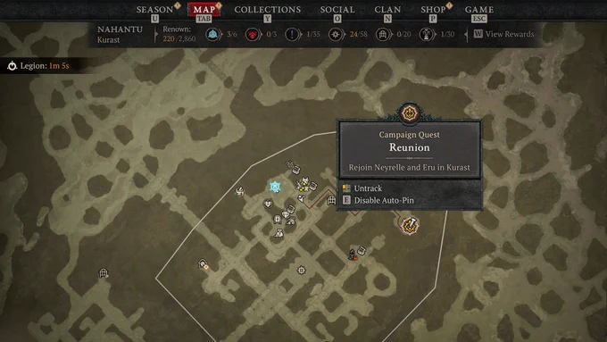 The map in Diablo IV showing a pin on a campaign quest destination that has automatically been dropped. The player and destination are in the same town which contains several other icons. A small line is shown to indicate the route on the map.