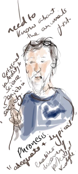 Sketch of a philosopher discussing the ethics of showing images of animals, including those in research. 