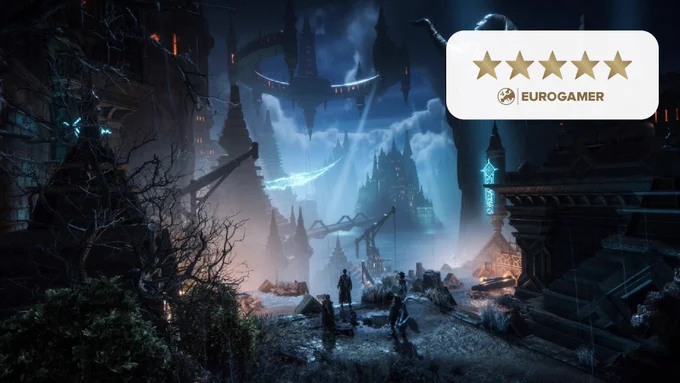 Dragon Age: The Veilguard official screenshot showing a part of characters looking out over a fantasy city with floating castles at night. Eurogamer 5/5