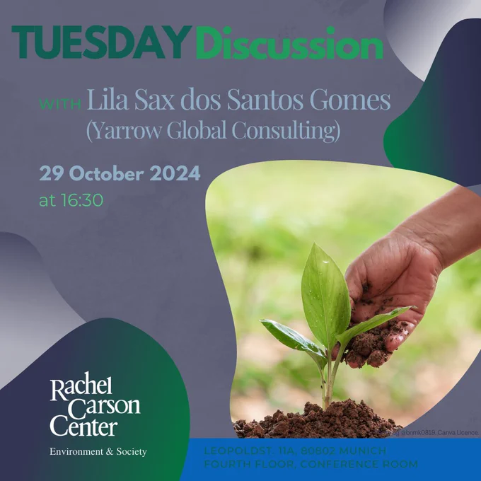 Information on the graphic: Tuesday Discussion with Lila Sac dos Santos Gomes (Yarrow Global Consulting) on 29 October 2024 at 16:30. Location: Leopoldstraße 11A, 80802 Munich, conference room, fourth floor 