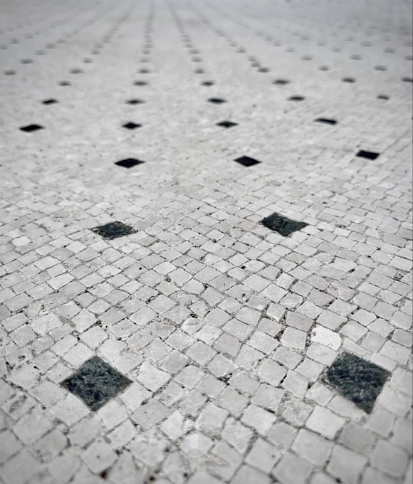 A white mosaic with inserts of larger black tesserae in rows that run off into the distance.
