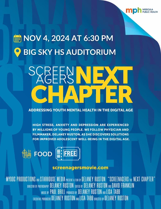Graphic about Screenagers: Next Chapter film screening at Big Sky High School on Nov. 4 at 6:30pm.
