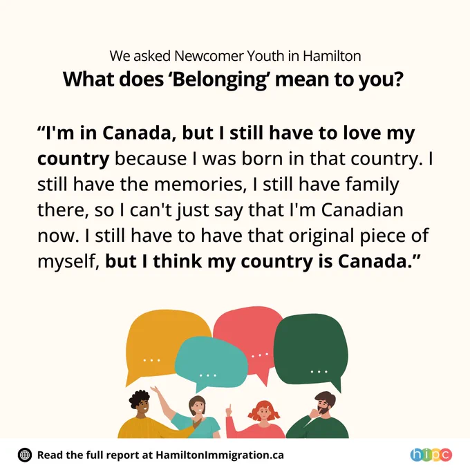 Post features a quote from a newcomer youth on how they understand sense of belonging. The post features a graphic of people with speech bubbles at the bottom. HIPC logo located on the bottom right. 
