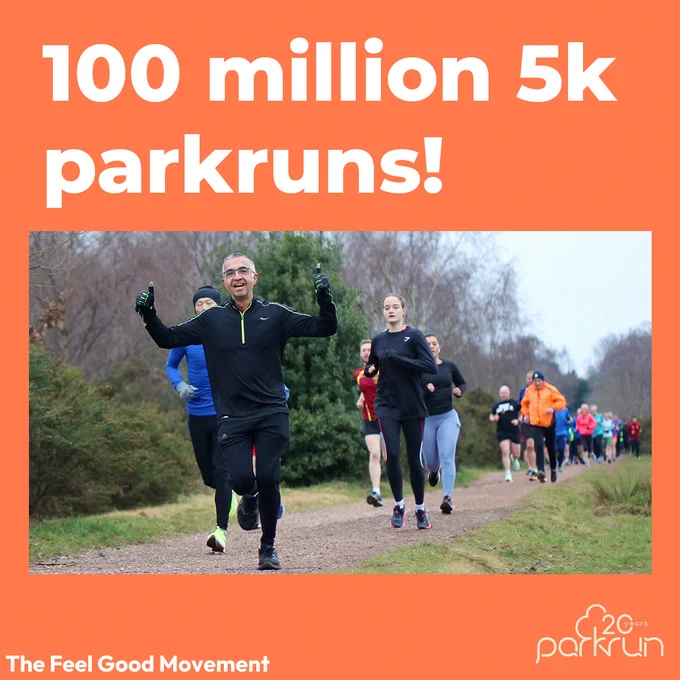 Graphic with image of group of parkrunners and the following text on top of the image - 100 million 5k parkruns