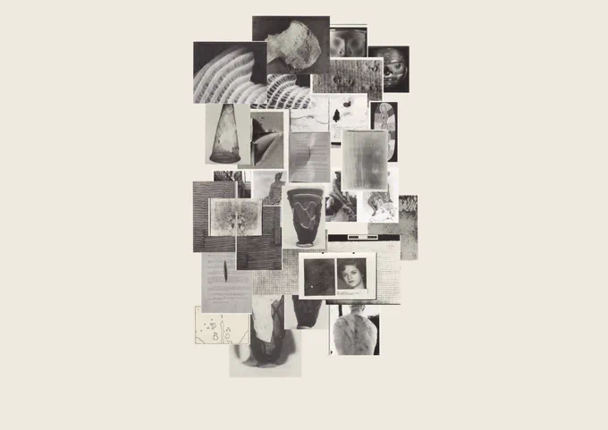Black and white collage of magazine pages on an off-white background