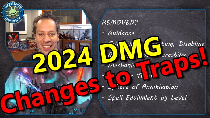 Teos reviews the 2024 DMG, with a panel showing what was removed. The title "2024 DMG, Changes to Traps!" is superimposed.