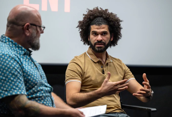 Moderator Daniel Cardone (L) and writer / director Ibrahim Nash’at attend the Film Independent Special Screening of "Hollywoodgate" at the Film Independent Theater.