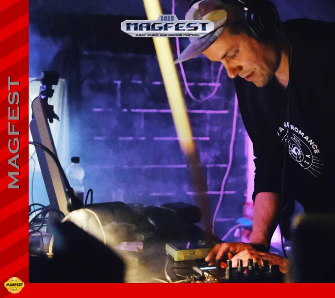 A photo of Finnish performer Laamaa is displayed. Donning a hat and headphones, he remains focused and engaged in their digital format instruments of choice while haze and purple light fills the air.