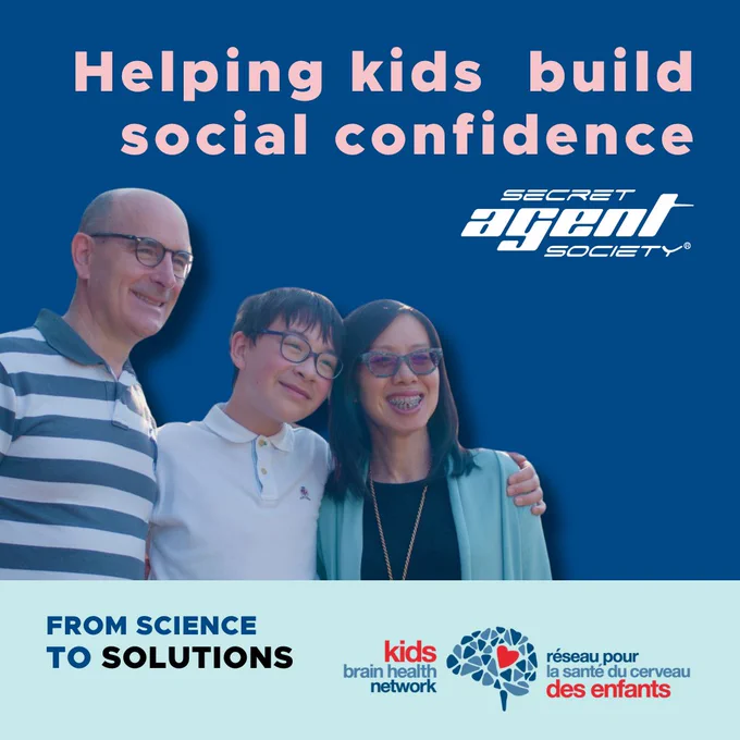 Three people stand together under the text "Helping kids build social confidence" with the Secret Agent Society logo. Below, the Kids Brain Health Network logo appears with the text "From Science to Solutions."