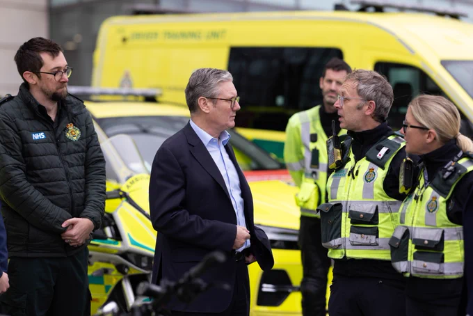 Prime Minister Keir Starmer at the London Ambulance Service Dockside Centre chatting to staff outside. 