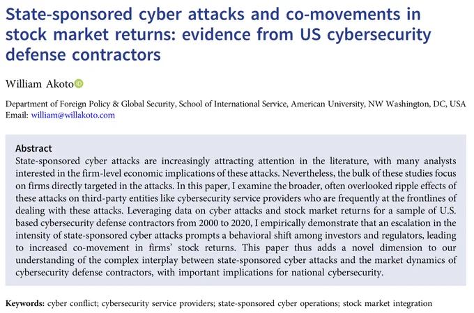 State-sponsored cyber attacks and co-movements in stock market returns: evidence from US cybersecurity defense contractors.
