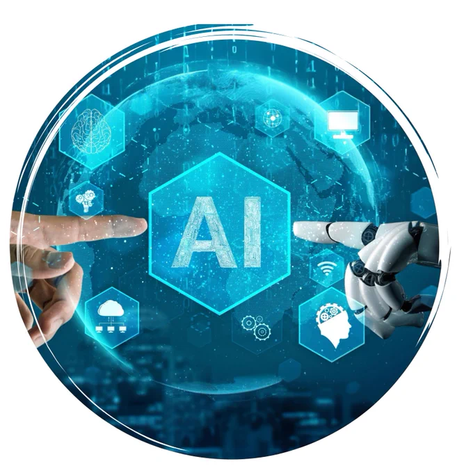 Robot and hand touching a computer screen