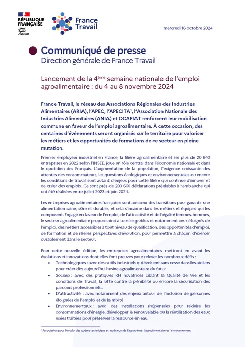 Communiqué de presse de la Direction générale de France Travail : "Lancement de la 4ème semaine nationale de l’emploi agroalimentaire : du 4 au 8 novembre 2024"