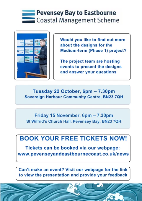 Promotional flyer for Pevensey Bay to Eastbourne scheme announcing public meetings to discuss coastal management scheme designs. Dates, times, and venues for three events are listed, with a website link for booking and providing feedback.