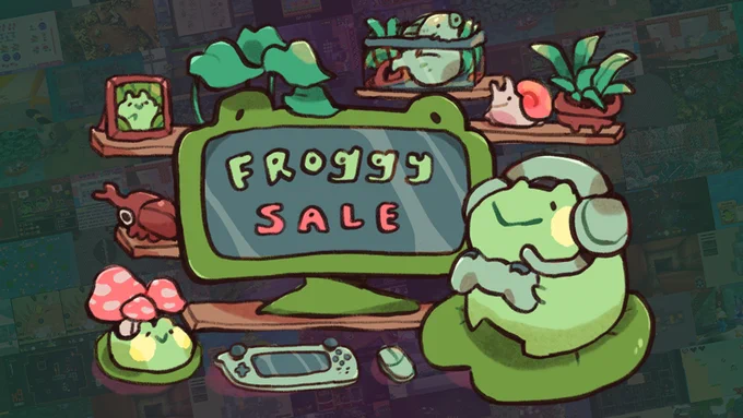 illustration of a frog sitting on a lily pad in front of a frog computer, with the text "Froggy Sale"