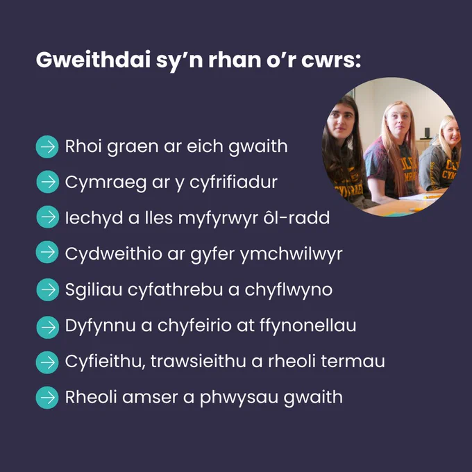 Mae gweithdai'r cwrs yn cynnwys:

➡️ Rhoi graen ar eich gwaith
➡️ Cymraeg ar y cyfrifiadur
➡️ Iechyd a lles myfyrwyr ôl-radd
➡️ Cydweithio ar gyfer ymchwilwyr
➡️ Sgiliau cyfathrebu a chyflwyno
➡️ Dyfynnu a chyfeirio at ffynonellau
➡️ Cyfieithu, trawsieithu a rheoli termau
➡️ Rheoli amser a phwysau gwaith