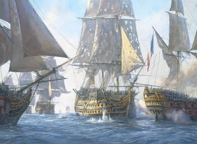 HMS VICTORY breaks the line of the Combined Fleet at Trafalgar, 21st October 1805. Painting by Geoff Hunt. Source: Reddit (user: Mattzo12)