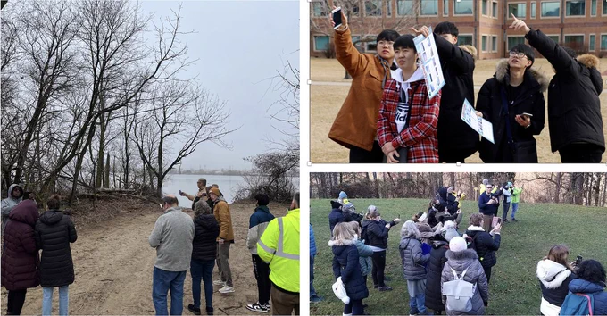 There are three images of people taking observations outdoors.