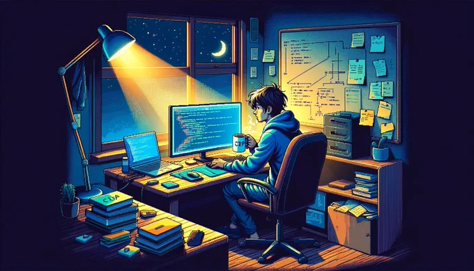 Pixelart de un chico en su oficina de noche practicando programación.