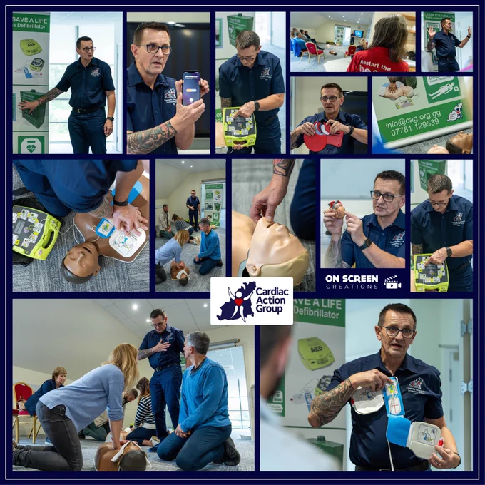 A collage of images showcasing one of the free CPR & AED sessions organised as part of Restart a Heart Week here in Guernsey.