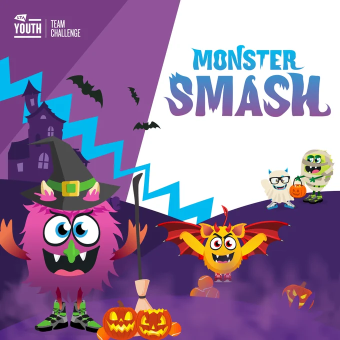 A graphic showing  cute monsters in halloween costumes with the title "Monster Smash".