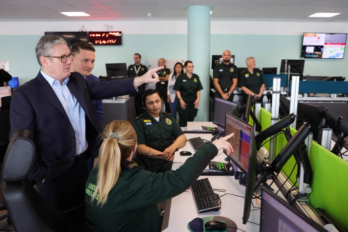 Prime Minister Keir Starmer and Secretary of Health and Social Care, Wes Streeting being shown around the Ambulance Service Dockside Centre with staff. 