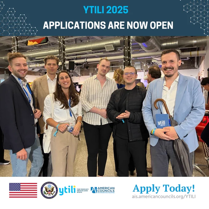 An image of six people wearing professional attire and smiling. Image text reads "YTILI 2025, applications are now open. Apply today! ais.americancouncils.org/YTILI" 