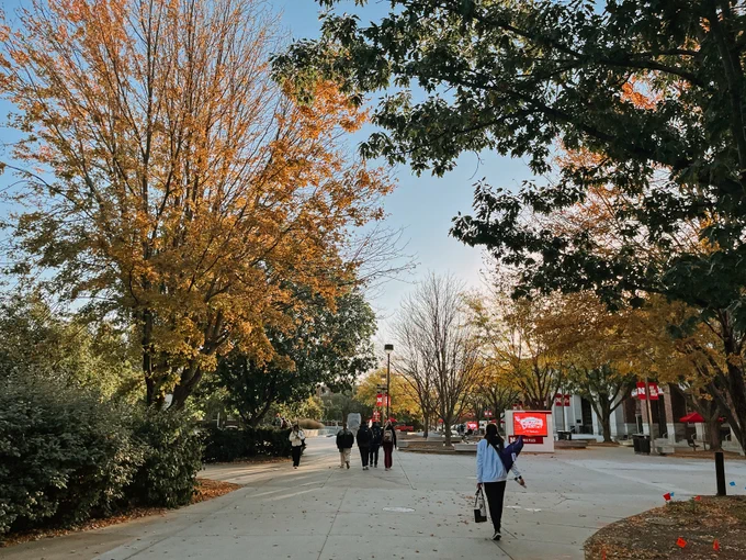 Students walk toward the Union as the sun rises, shining on the yellow leaves on the trees