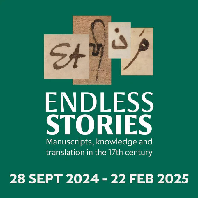 Promotional image for the exhibit 'Endless Stories' featuring the dates 28 September 2024 to 17 February 2025. The background is green with the event name in large white block letters, and the date details in white smaller text. Above, there are four square tiles with artistic symbols and scribbles.