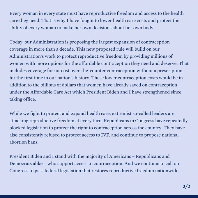 Read the full statement: https://www.whitehouse.gov/briefing-room/statements-releases/2024/10/21/statement-from-vice-president-kamala-harris-on-new-rulemaking-to-expand-access-to-contraception/
