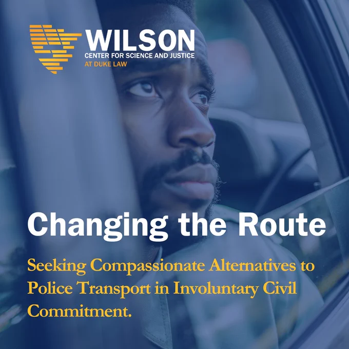 Man looks sadly out of the back of a police car. Text reads: Changing the Route: Seeking Compassionate Alternatives to Police Transport to Involuntary Civil Commitment